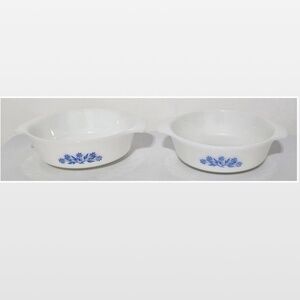 2 Vtg Anchor Hocking Casserole Dishes White Milk Glass Blue Cornflower #436